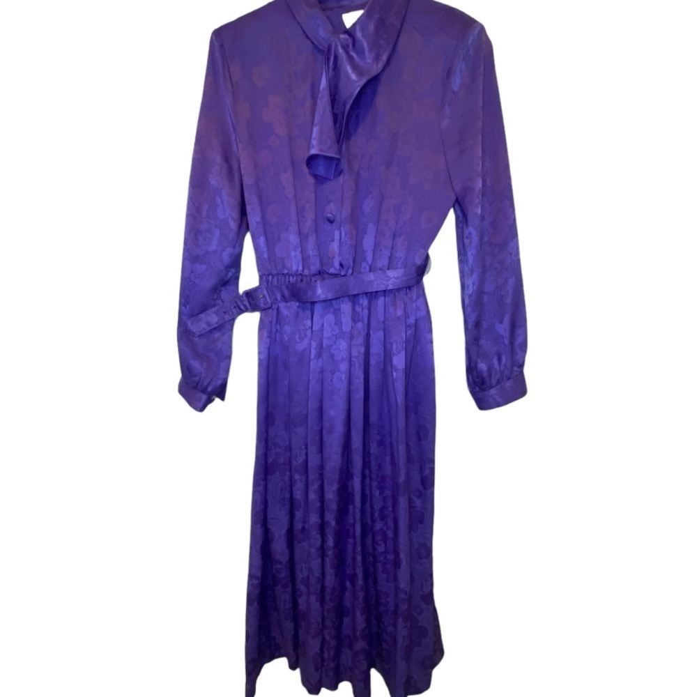 Vintage Victoria Morgan Purple Silky Satin Long Sleeve Belted Maxi Dress Size 8